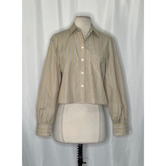 RAG & BONE Maxine Cropped Shirt Top Khaki Multi Stripe Buttondown X-Small - Picture 3 of 14